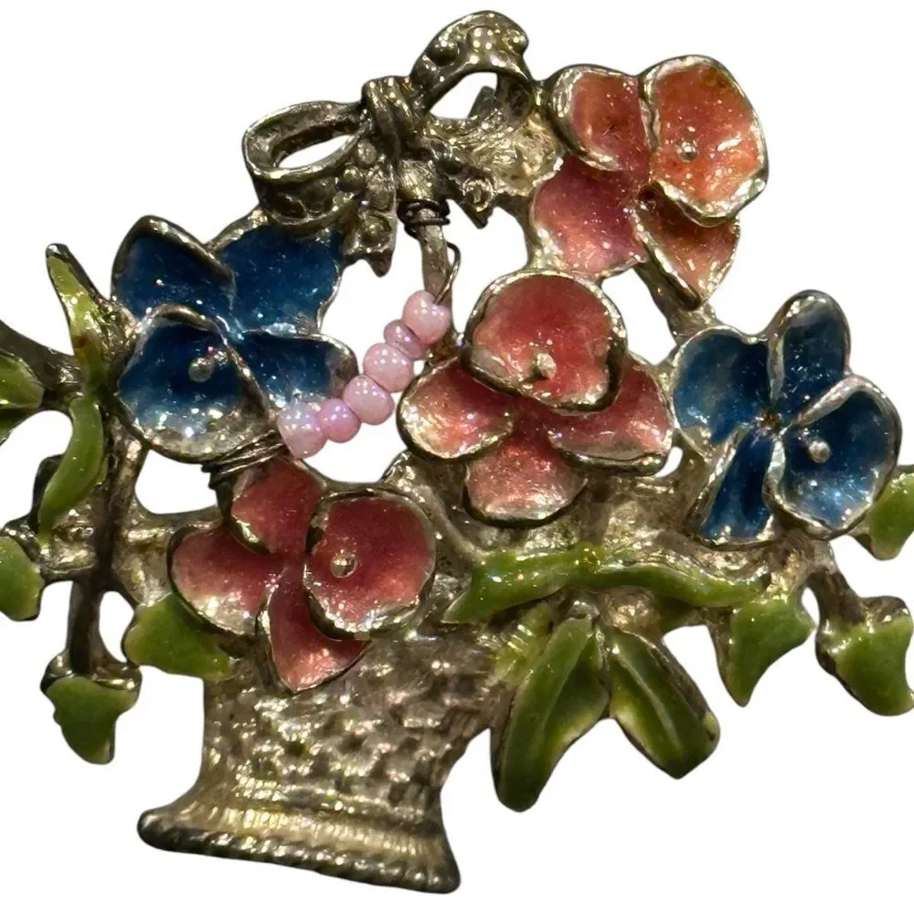 Vintage Enamel Floral Brooch with Blue and Pink Accents rare scares